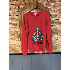 Vintage Lindsay Blake Christmas Tree Bow Sequined Holiday Red Sweater Sz XL